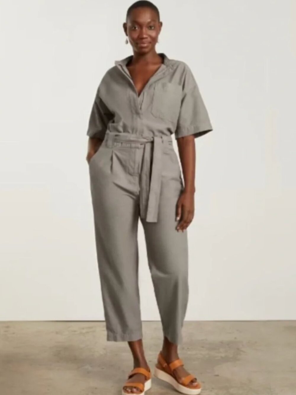 Everlane Organic Cotton Fatigue Short Sleeve Jumpsuit in Clay Size 8